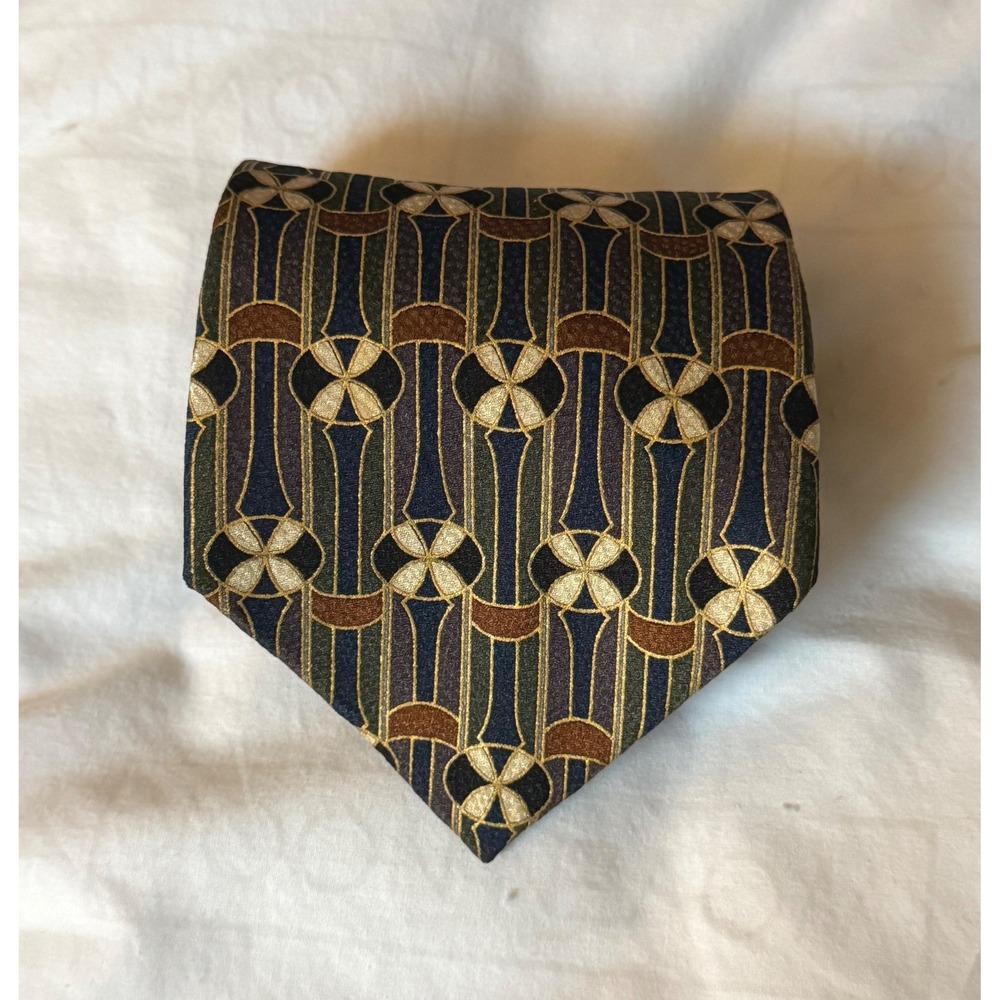 Portico Silk Necktie Mens OS Navy Green Bronze Excellent Art Deco Geometric